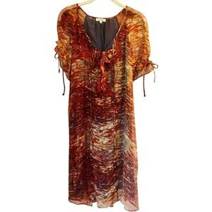 SUNDANCE Brown & Cream 100% Silk Boho Print Chiffon Blouson Knee Length Dress S